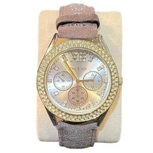 bebe Rhinestone Decorated Ladies Watch, Faux Suede